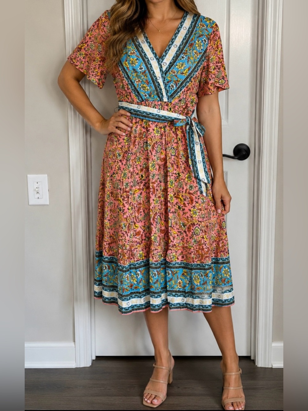 GLM Clothing Women’s Medium Pink Floral Boho Midi Dress Tie Waist NWT Rayon